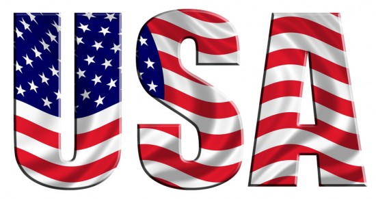National flag of USA waving in the wind as text background